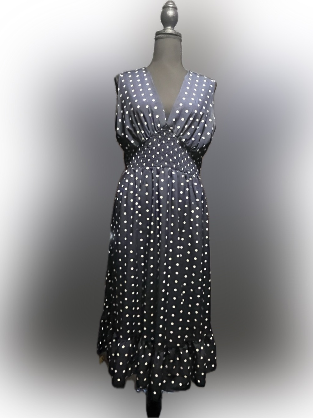 Polka Dot V-Neck Sleeveless Flowy Midi Dress - Navy and White